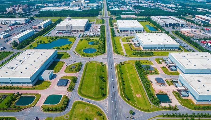 Eli Lilly manufacturing site in Houston, aerial view with green landscape.