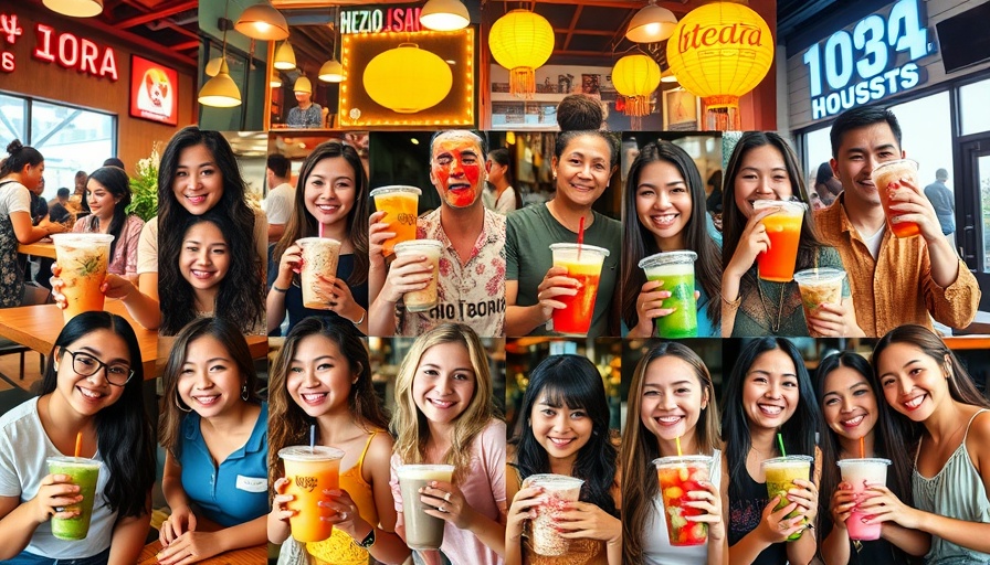 Collage of the best boba tea in Houston with happy customers.