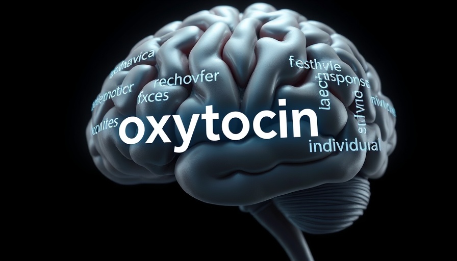 Artistic brain model with highlighted oxytocin-related words.