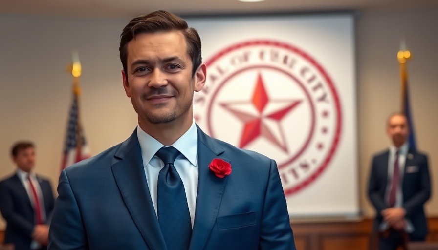 Texas City seal-themed event with man in suit.