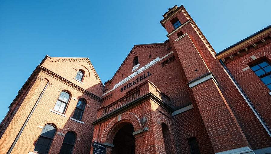 Brick courthouse with sharp design under blue sky.