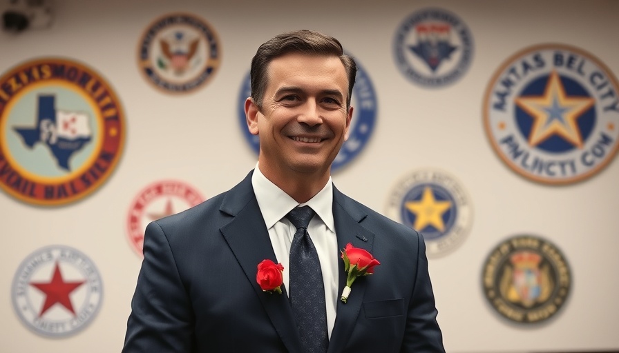 Texas City official at event with city emblems backdrop
