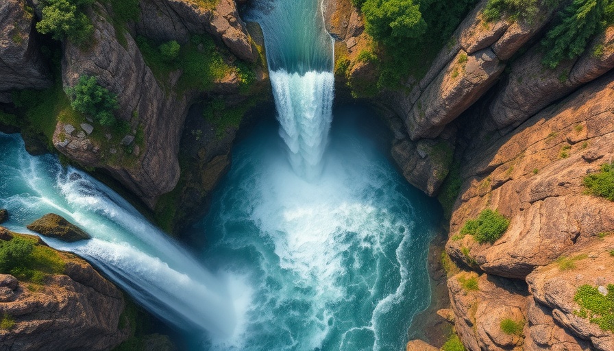 Stunning aerial waterfall view with lush greenery.