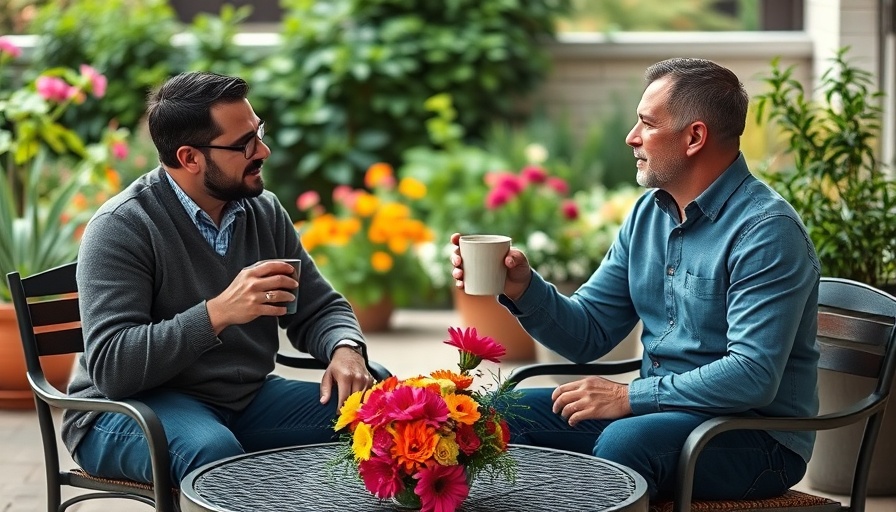 Two men in a garden setting having a discussion over coffee.