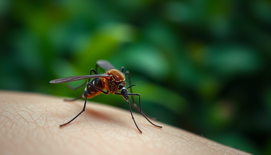 Mosquito feeding on skin close-up in a lush green background.
