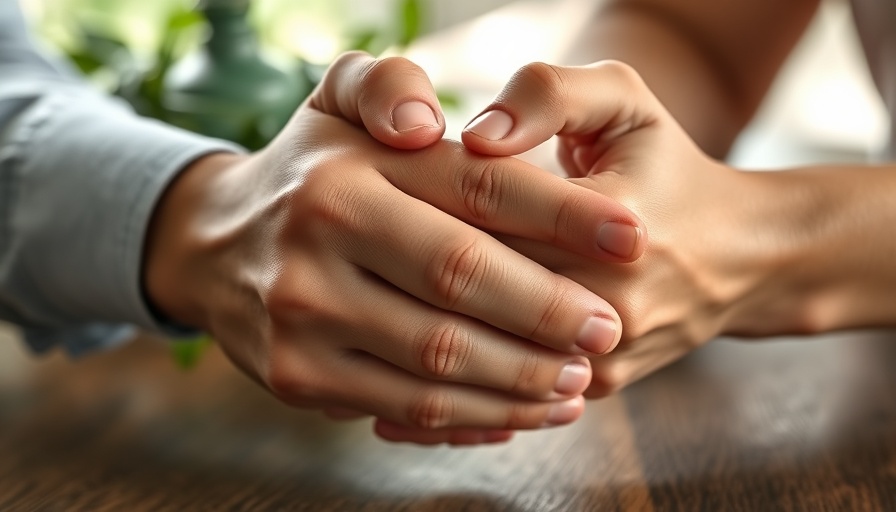 Close-up of hands clasped, symbolizing support, in a lush setting.