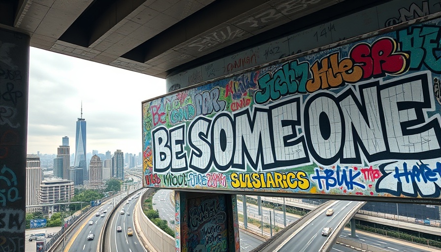 Houston Be Someone sign on highway overpass.