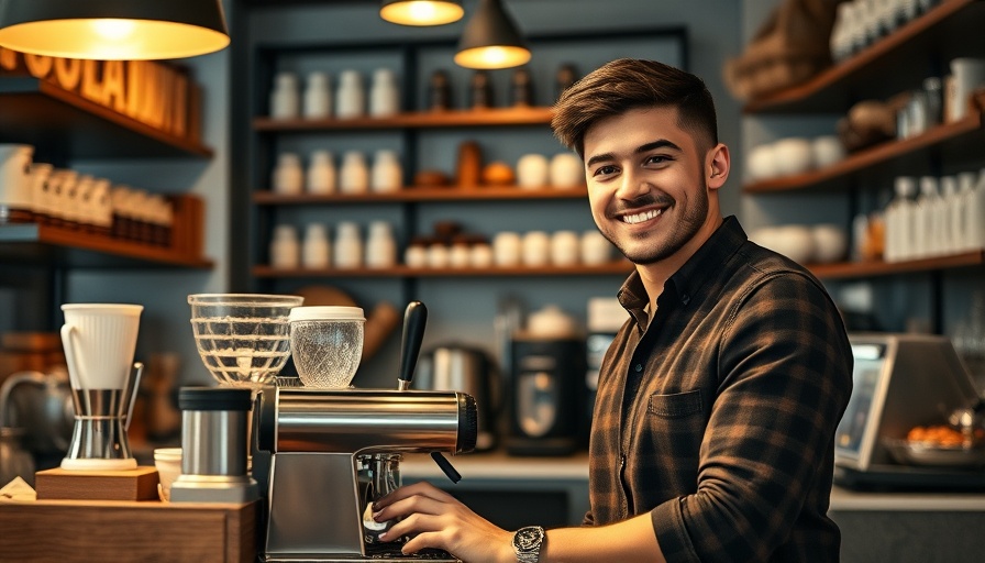 Young barista in modern cafe setting, Texas coffee prices tariffs theme.