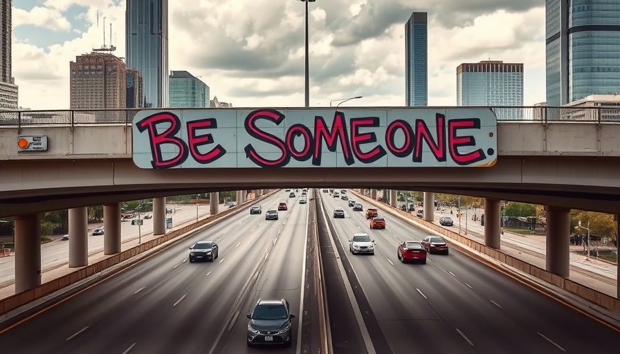Iconic Be Someone sign investigation Houston, urban bridge with graffiti.