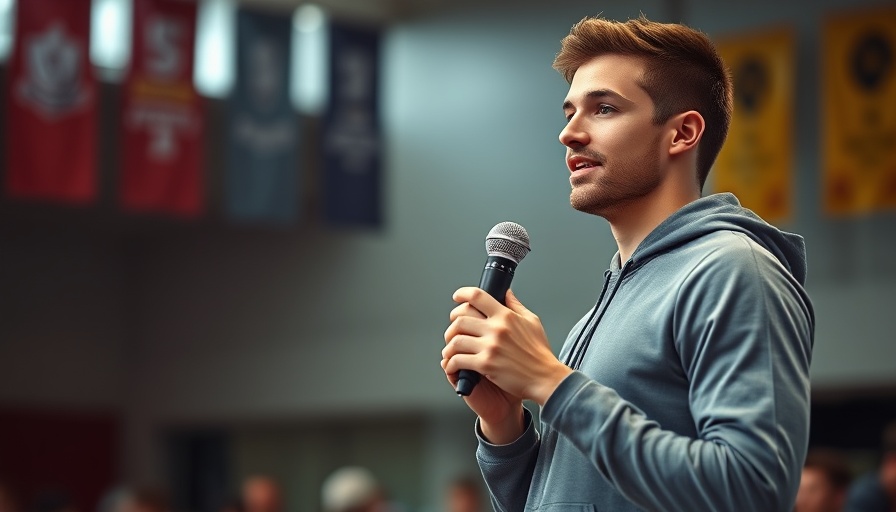 Judkins at sports event holding mic, confident expression.