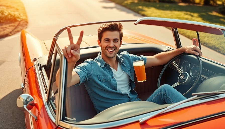 Casual young man in convertible, sunny driveway scene.