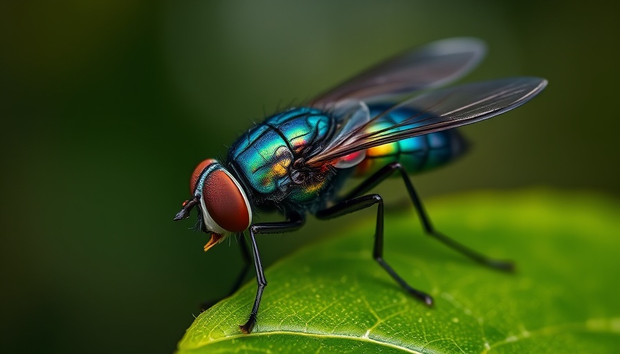 Macro photo of a fly on a leaf, related to New World Screwworm protection facility.
