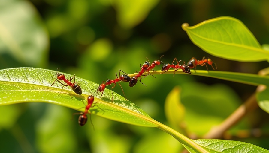 Ants demonstrating teamwork by forming a bridge between leaves.