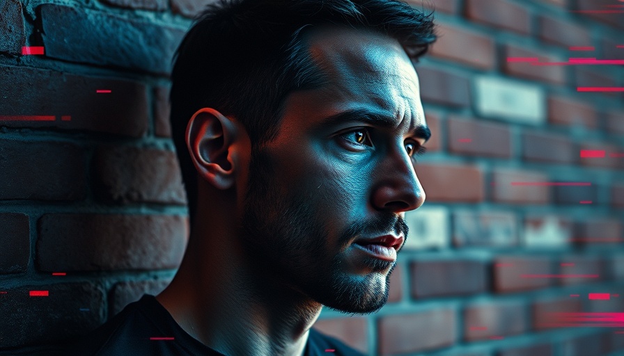 Glitch effect portrait of a man with geometric patterns, colors red and blue.