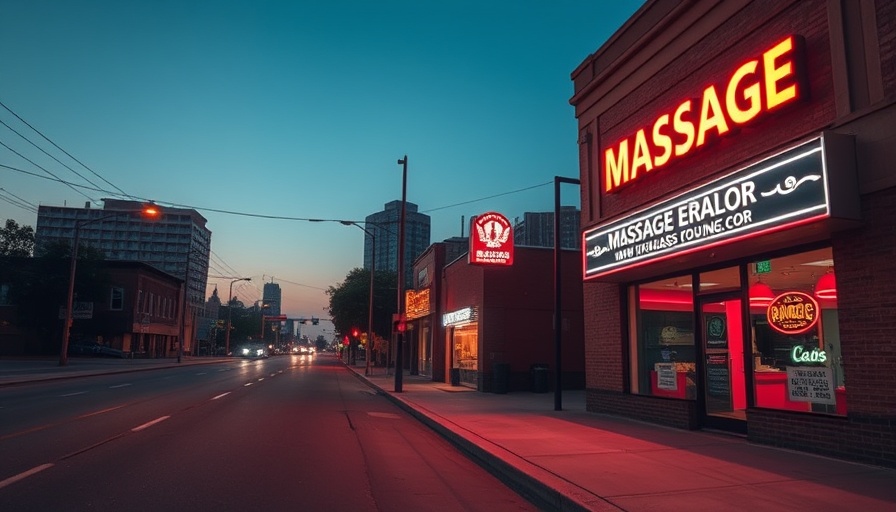 NW Harris County massage parlor at night with neon signs.