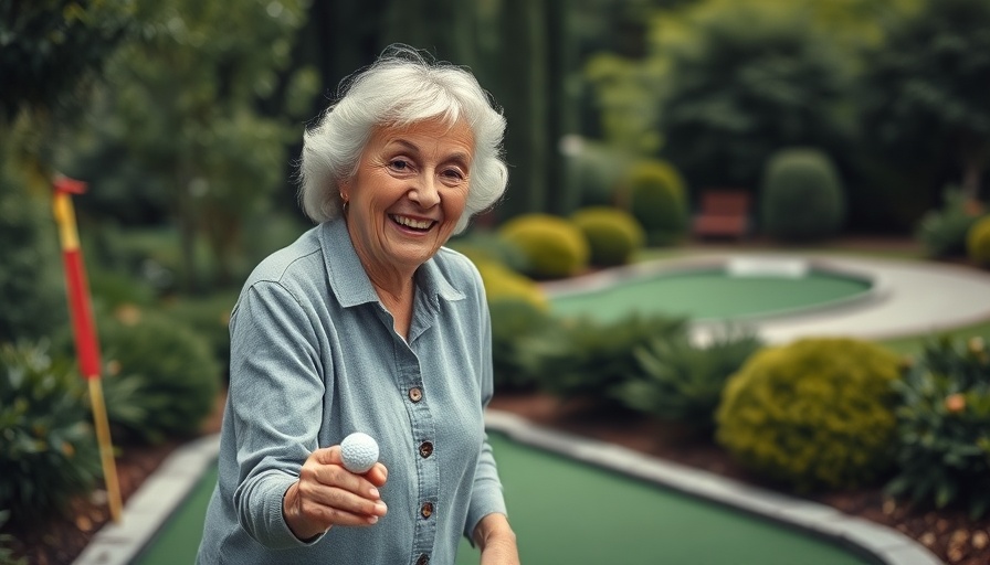 Elderly woman makes hole-in-one on mini-golf course, surrounded by greenery.