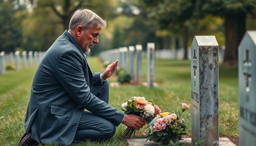Man laying flowers at gravestone in a cemetery, U.S. foreign relations.