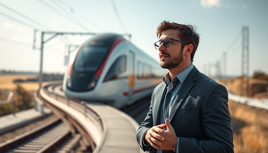 Dynamic high-speed train and professional discussing transportation infrastructure funding.