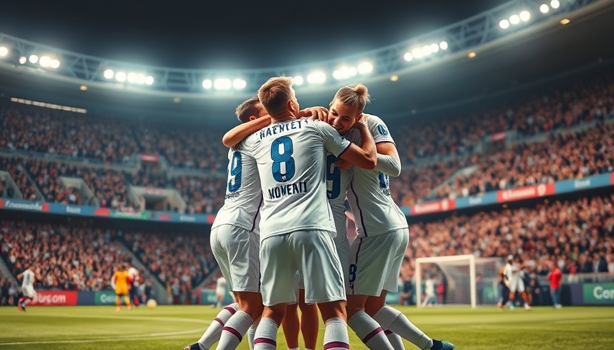 Dynamic soccer players celebrating in a stadium during a night match.