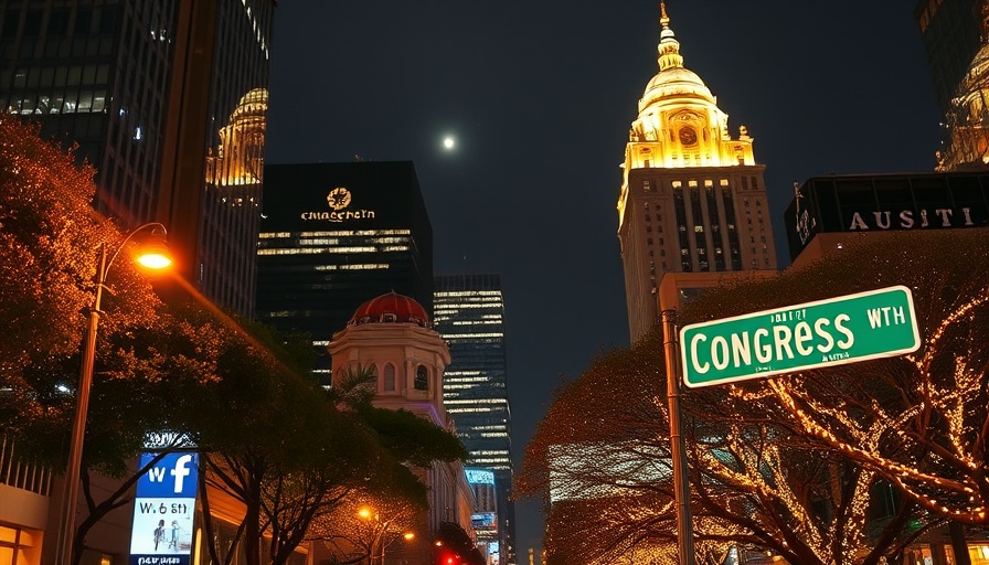 Austin nighttime street view with lit buildings, W. 6th Street sign.