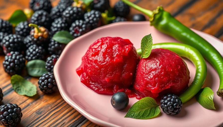 Healthy ice cream recipe with blackberries and peppers on pink plate.