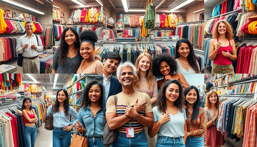 Diverse shoppers in Houston thrift stores, lively and colorful.