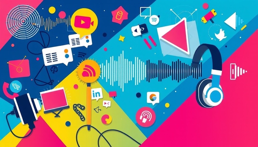 Digital illustration: media elements and sound waves with bold graphics, vibrant colors.