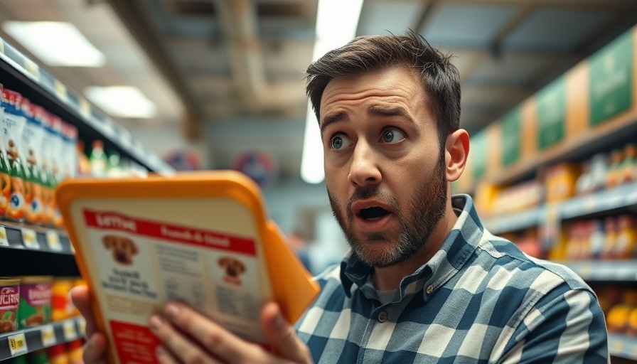 Shocked man with hand over mouth, holding dog food with worst ingredients.