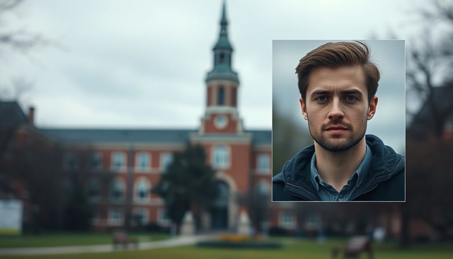 Campus backdrop with inset portrait of a professor, academic setting.