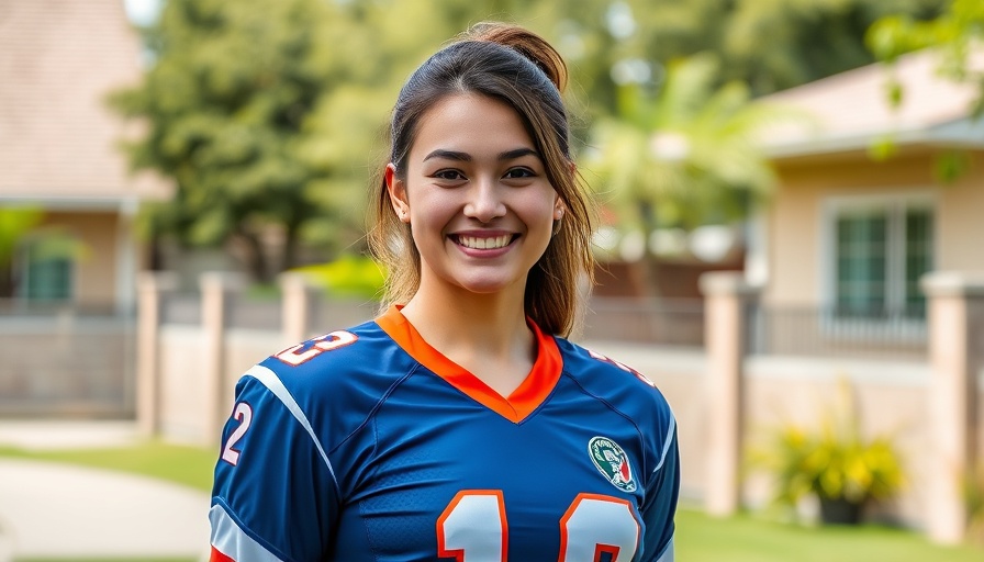 Young woman in football costume, outdoor setting, NFL News.