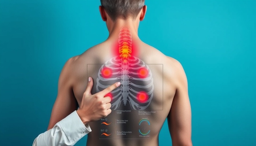 Illustrated neck pain points with man pointing, real cause of neck pain.