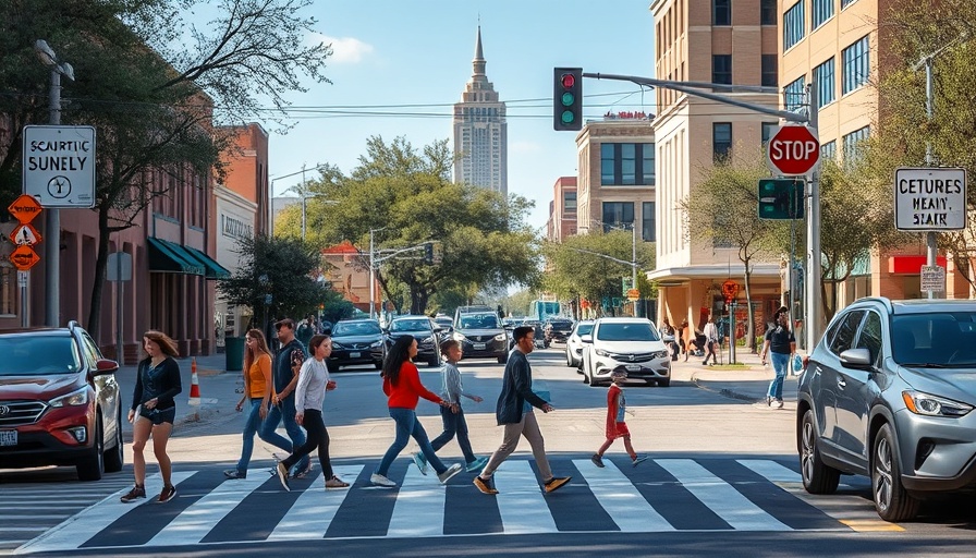 Students crossing safely in Austin, Texas street near school.