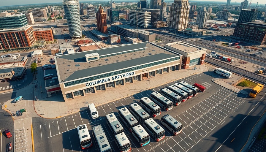 Aerial view of Columbus Greyhound station with buses and cityscape.