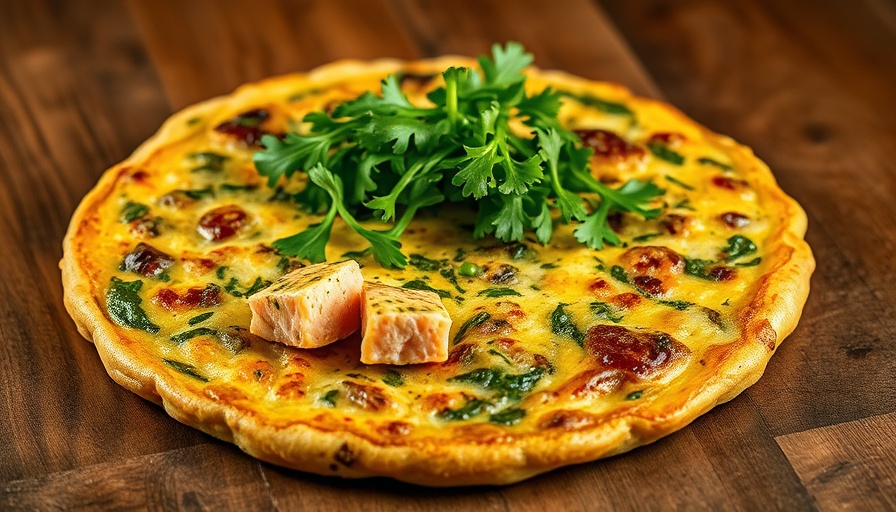 Tasty pesto salmon frittata topped with greens.
