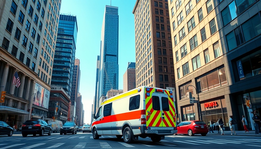Austin urban street with ambulance and skyscrapers.