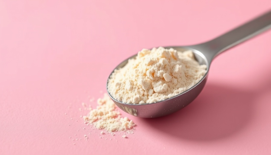 Close-up protein powder scoop on pink background.