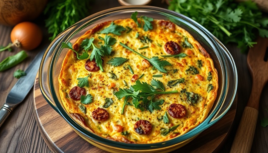 Rustic pesto salmon frittata topped with arugula on a wooden board.