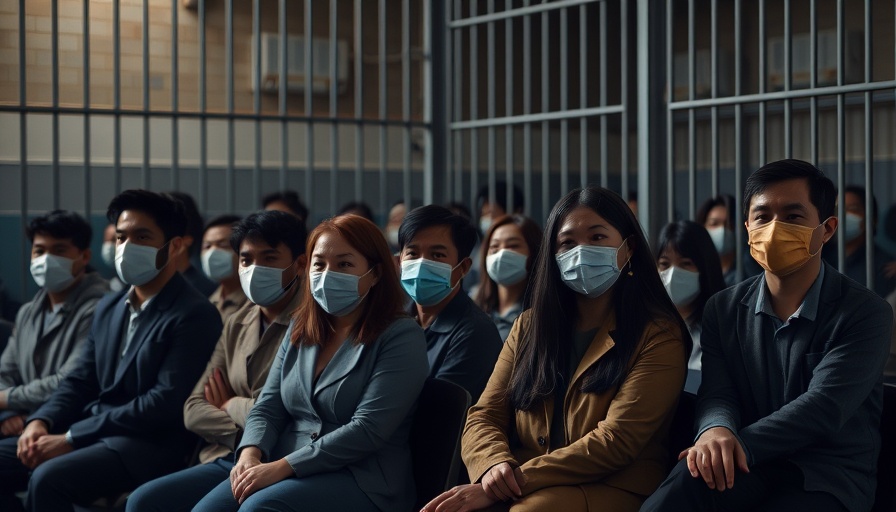 Texas immigration detention camp interior with masked individuals seated.