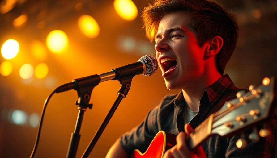 Energetic musician performing live in Austin venue.