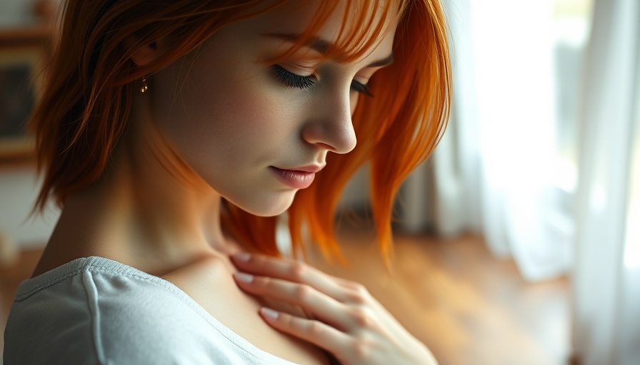 Serene woman with red hair touching shoulder, suggesting antihistamine withdrawal.
