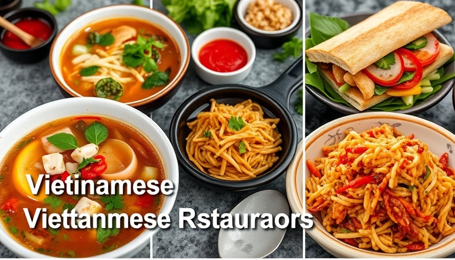 Collage of best Vietnamese restaurants in Houston with pho, banh mi, rice bowls.