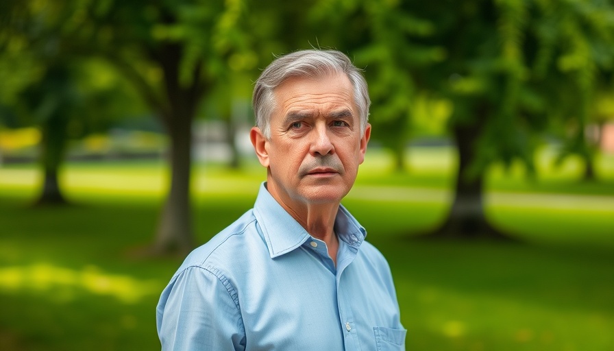 Middle-aged man in a blue shirt, thoughtful in lush park setting.
