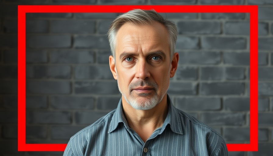 Austin local news: Man with intense expression in striped shirt, red border.