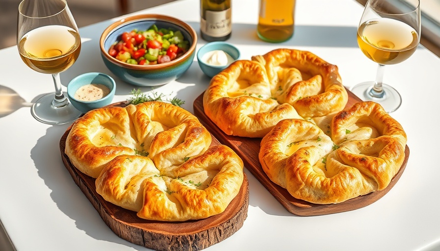 Khachapuri in Austin on wooden boards with wine and dips.