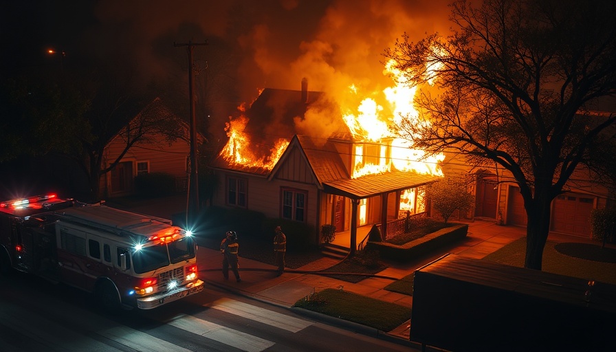 Austin house fire at night with firefighters and smoke, news coverage.