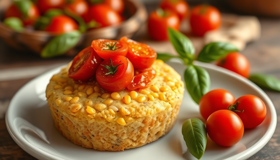 Corn-studded cornbread topped with saucy tomatoes on a white plate.