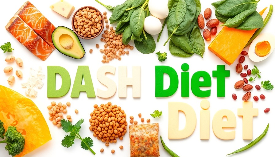 DASH diet foods like salmon, avocado, nuts, and cheese neatly arranged.
