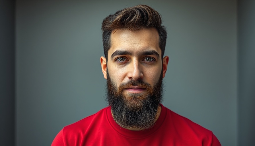 Bearded individual in red shirt with neutral expression.