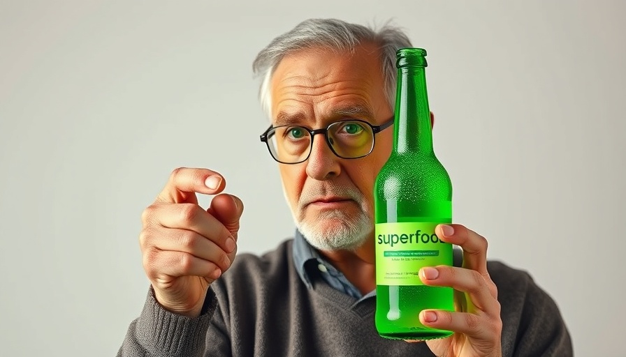 Older man highlighting anti-inflammatory superfood bottle.