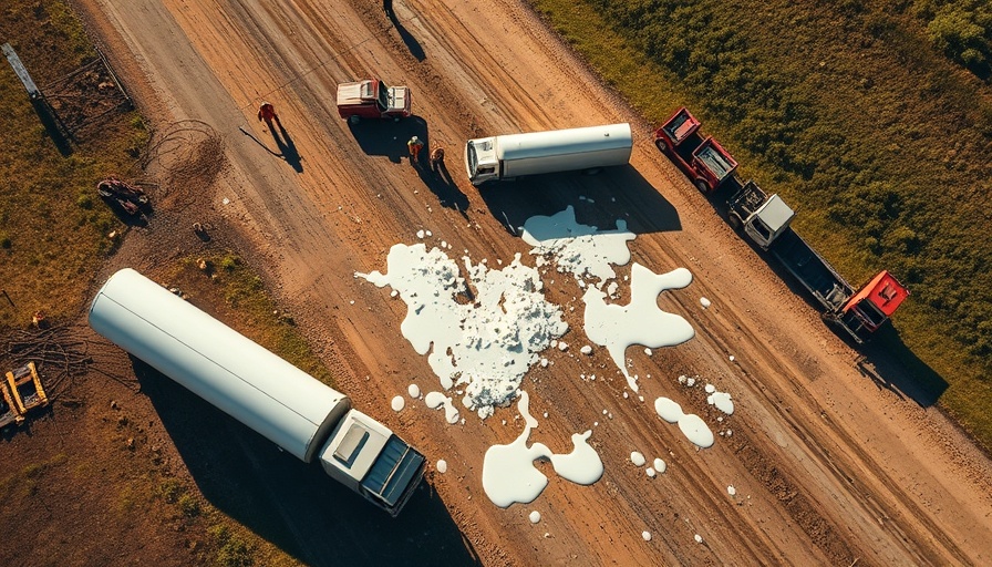 US news dairy accident aerial view with overturned truck.